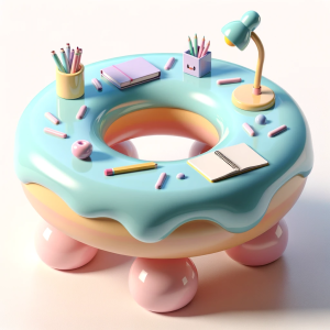 An AI-generated image of a desk shaped like a ring doughnut, with icing, sprinkles and squat little dough ball legs.  The desk has a lamp, notebook and other items on it.  There is no way for the user to escape because the ring encompasses them entirely.